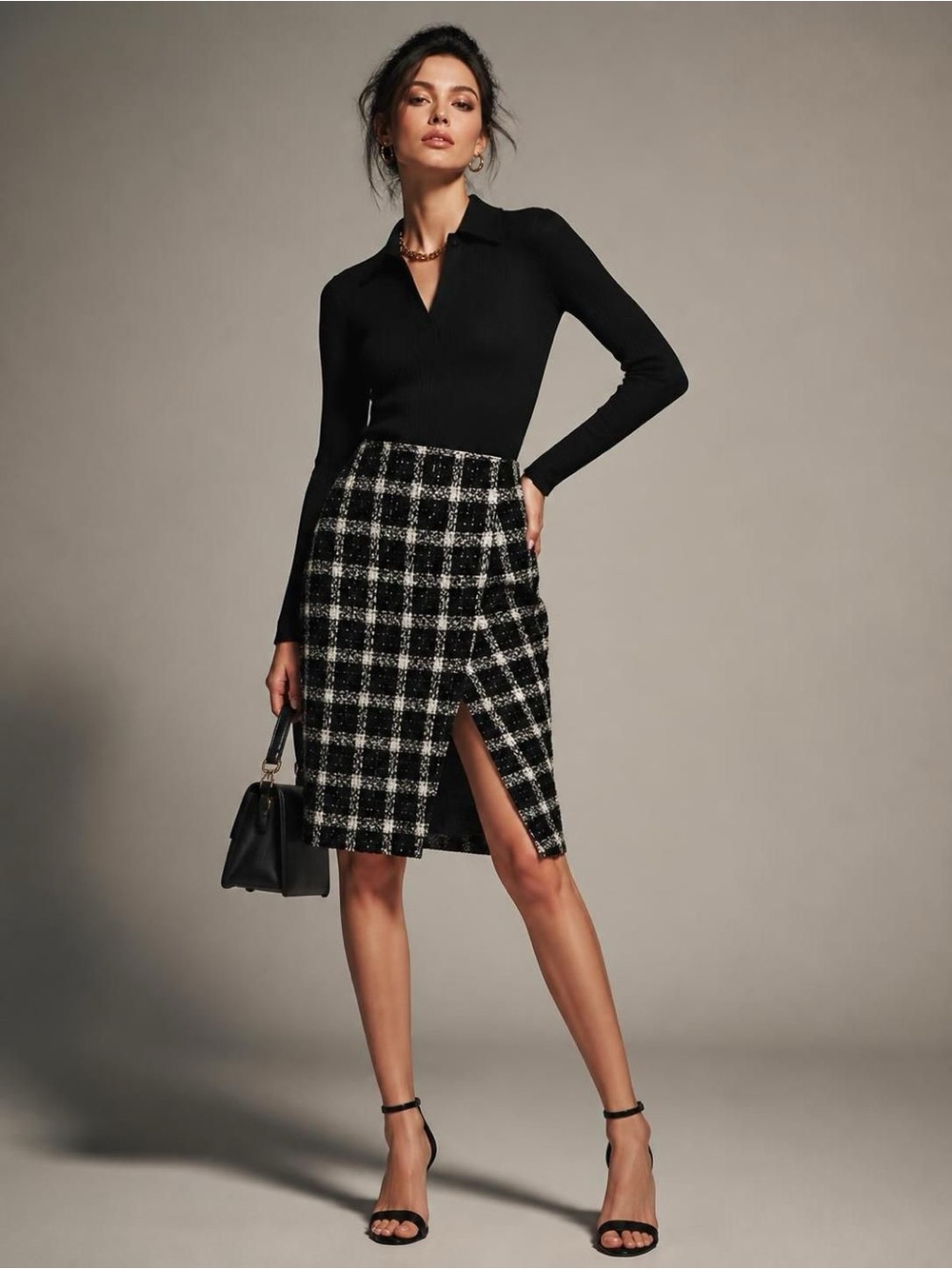 MNG Black & White Plaid Wrap Skirt Asymmetrical XL NWT
